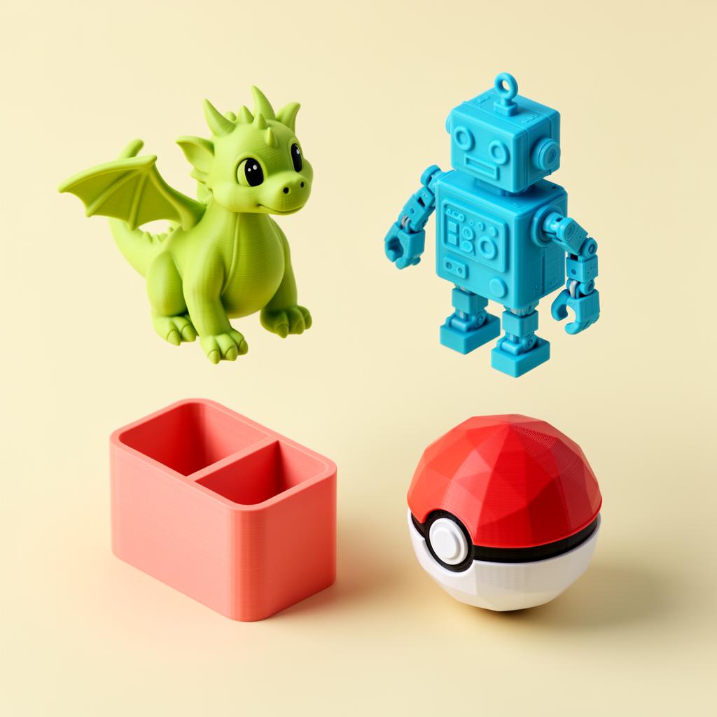 Collection of bright 3D-printed toys: dragon, robot, organizer, pokeball